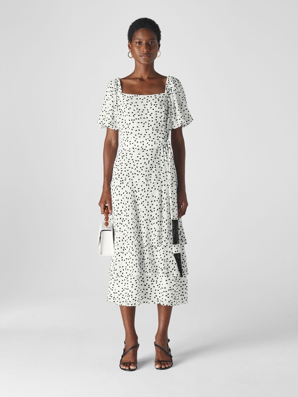 Whistles Viola White and Black Polka Dot Midi Dress Ruffle Square Neck